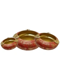 Handmade Designer Red color Bowl Set Urli For Flower Fotting - Red, Metal, Pack of 3